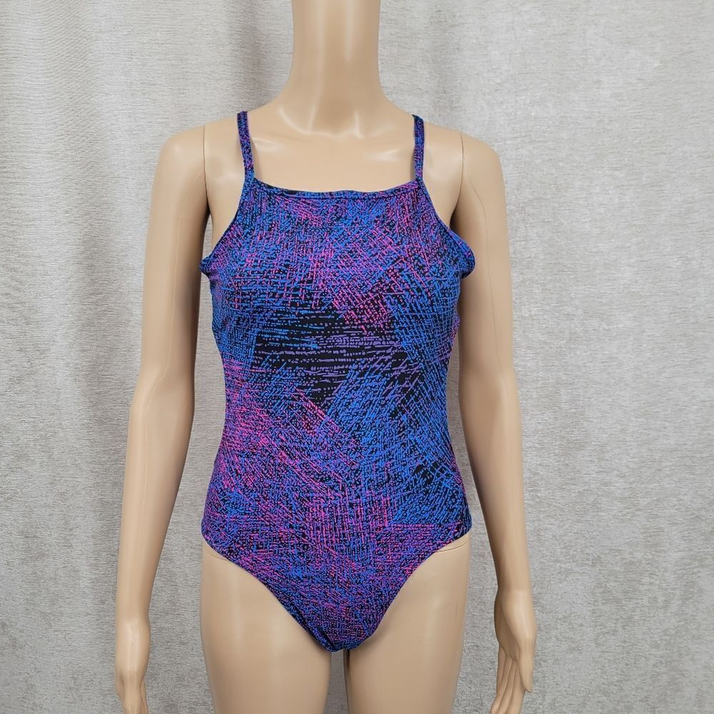 Speedo Endurance Blue Purple Hot Pink Patterned One Piece Swimsuit Open Back - Picture 2 of 16